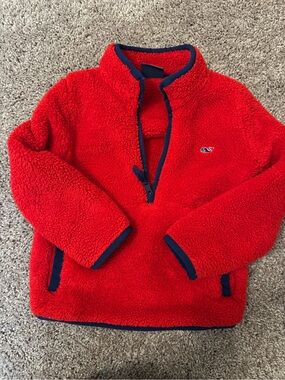 Vineyard Vines Kids Red Sherpa Half-Zip Pullover with Navy Trim